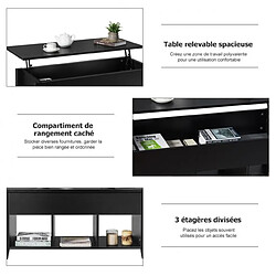 Helloshop26 Table basse avec plateau relevable 104,5 x 49,5 x 48,5 cm avec trois compartiments pour rangement design contemporain noir 20_0005965