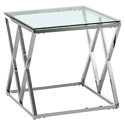 Avis Vivenla Table d'appoint design en acier inoxydable poli argenté et plateau en verre trempé transparent L. 55 x P. 55 x H. 55 cm collection ROMA