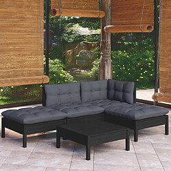 vidaXL Salon de jardin 5 pcs avec coussins Noir Bois de pin