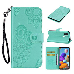 Etui en PU empreinte chouette fleur motif cyan pour votre Samsung Galaxy A21s