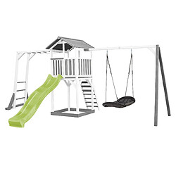 AXI Beach Tower Aire de Jeux avec Toboggan en VERT Clair, Cadre d'escalade, Balançoire Nid d'oiseau Noir & Bac à Sable | Grande Maison Enfant extérieur en Gris & BLANC | Cabane de Jeu en Bois FSC