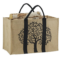 Aubry Gaspard Sac à bûches en jute motif noir arbre.