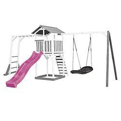 AXI Beach Tower Aire de Jeux avec Toboggan en Violet, Cadre d'escalade, Balançoire Nid d'oiseau Noir & Bac à Sable | Grande Maison Enfant extérieur en Gris & BLANC | Cabane de Jeu en Bois FSC