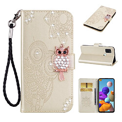 Etui en PU décor de strass imprimé hibou or pour votre Samsung Galaxy A21s