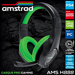 Casque Pro Gamer Amstrad AMS H888 GREEN 40mm Power Bass avec micro intégré, réglage volume