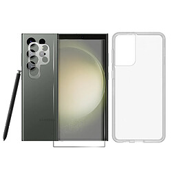 Visiodirect Protection intégrale Verre Trempé incurvé Samsung S23 Ultra + Verre Trempé Caméra Arrière + Coque souple silicone transparente