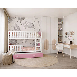 Kids Literie Lit Superposé 3 Places Tomy 90x190 Blanc - rose Livré avec sommiers, tiroir et matelas en mousse de 7cm