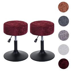 Mendler Lot de 2 tabourets HWC-C22, pouf, réglable en hauteur pivotant Ø 37cm Tissu Chenille (465g/m²) MVG ~ bordeaux