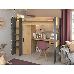 Avis Vente-Unique Lit mezzanine avec bureau et armoire - 90 x 200 cm - Coloris : Naturel et anthracite - AUCKLAND