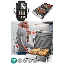 NEDIS Grill Viande Panini Taille XL 2000W Cuisson diététique a 180° anti-adhesive avec Temoins lumineux + Ustensiles Barbecue