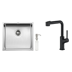 Auralum MAX Évier de Cuisine Inox 1 Bac 50*43*18CM avec Distributeur de Savon+ Robinet de Cuisine Noir avec Douchette Extractible