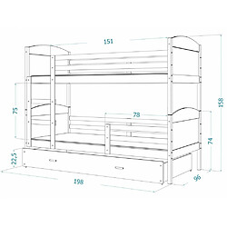 Acheter Kids Literie Lit Superposé 3 Places Mateo 90x190 Blanc - gris Livré avec sommiers, tiroir et matelas en mousse de 7cm