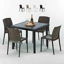 Table Carrée Noire 90x90cm Avec 4 Chaises Colorées Grand Soleil Set Extérieur Bar Café Boheme PASSION, Couleur: Marron