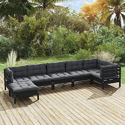 vidaXL Salon de jardin 7 pcs avec coussins Noir Bois de pin massif