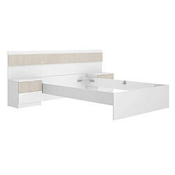 Pegane Tête de lit + 2 tables de nuit avec 2 tiroirs + structure de lit 140X190 coloris imitation lamelles , blanc - Longueur 248 x Profondeur 195 x Hauteur 96 cm pas cher