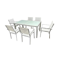 Mes Ensemble table 160/240 cm + 6 fauteuils en aluminium blanc