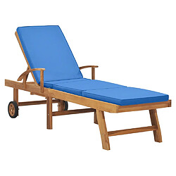 Helloshop26 Transat chaise longue bain de soleil lit de jardin terrasse meuble d'extérieur avec coussin bois de teck solide bleu 02_0012428