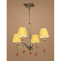 Luminaire Center Suspension Siena rond 4 Ampoules E14, laiton antique avec Abat jours crème ambré et ambre cristal