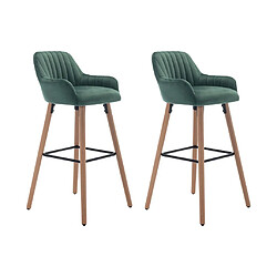 Vente-Unique Lot de 2 tabourets de bar en velours et pieds bois de hêtre - Vert foncé - ELEANA