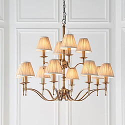 Interiors 1900 Suspension 12 ampoules Stanford, laiton antique, abat-jour beiges