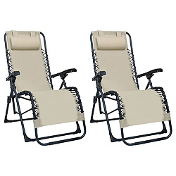 vidaXL Chaises pliables de terrasse 2 pcs Crème Textilène