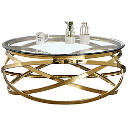 Vivenla Table basse design rond avec piètement en acier inoxydable poli doré et plateau en verre trempé transparent L. 100 x H. 43 cm collection ENRICO