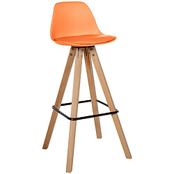 Decoshop26 Tabouret de bar chaise haute x1 repose-pieds style scandinave en plastique et PVC orange structure en bois clair carré 10_0004625