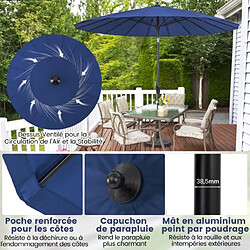 Avis Helloshop26 Parasol de terrasse rond de 265 cm parasol avec 18 baleines en fibre de verre inclinaison à bouton-poussoir manivelle toile résistante bleu 20_0009006