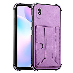 Coque en TPU + PU antichute, rigide avec béquille, porte-cartes violet pour votre Xiaomi Redmi 9A