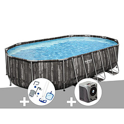 Kit piscine tubulaire ovale Bestway Power Steel décor bois 6,10 x 3,66 x 1,22 m + Kit d'entretien Deluxe + Pompe à chaleur