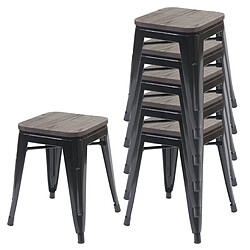 Decoshop26 Lot de 6 tabourets bas assise en bois cadre en métal noir design industriel empilable 04_0007800