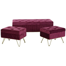 Pegane Set de 3 banquettes en velours coloris grenat et métal doré