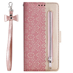 Etui en PU fermeture éclair de peau de fleur de dentelle rose pour Xiaomi Redmi Note 9S/Note 9 Pro/Note 9 Pro Max