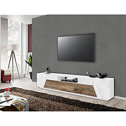 Alter Meuble TV de salon, Made in Italy, meuble TV avec 4 portes géométriques et 1 tiroir, cm 220x43h46, blanc brillant et érable