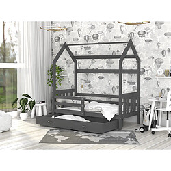 Kids Literie Lit Cabane 2 80x160 Gris - gris Livré avec sommiers, tiroir et matelas en mousse de 7cm