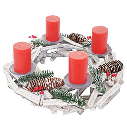 Decoshop26 Couronne de l'Avent ronde décoration de table Noël en bois Ø 40cm blanc-gris avec bougies rouge 04_0002568