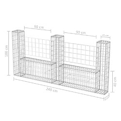 vidaXL Panier de gabion en forme de U Acier galvanisé 240x20x100 cm pas cher