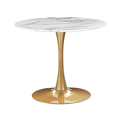 Beliani Table à manger ronde d 90 cm effet marbre blanc / support doré BOCA