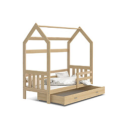 Kids Literie Lit Cabane 2 80x160 Pin Livré avec sommiers, tiroir et matelas en mousse de 7cm