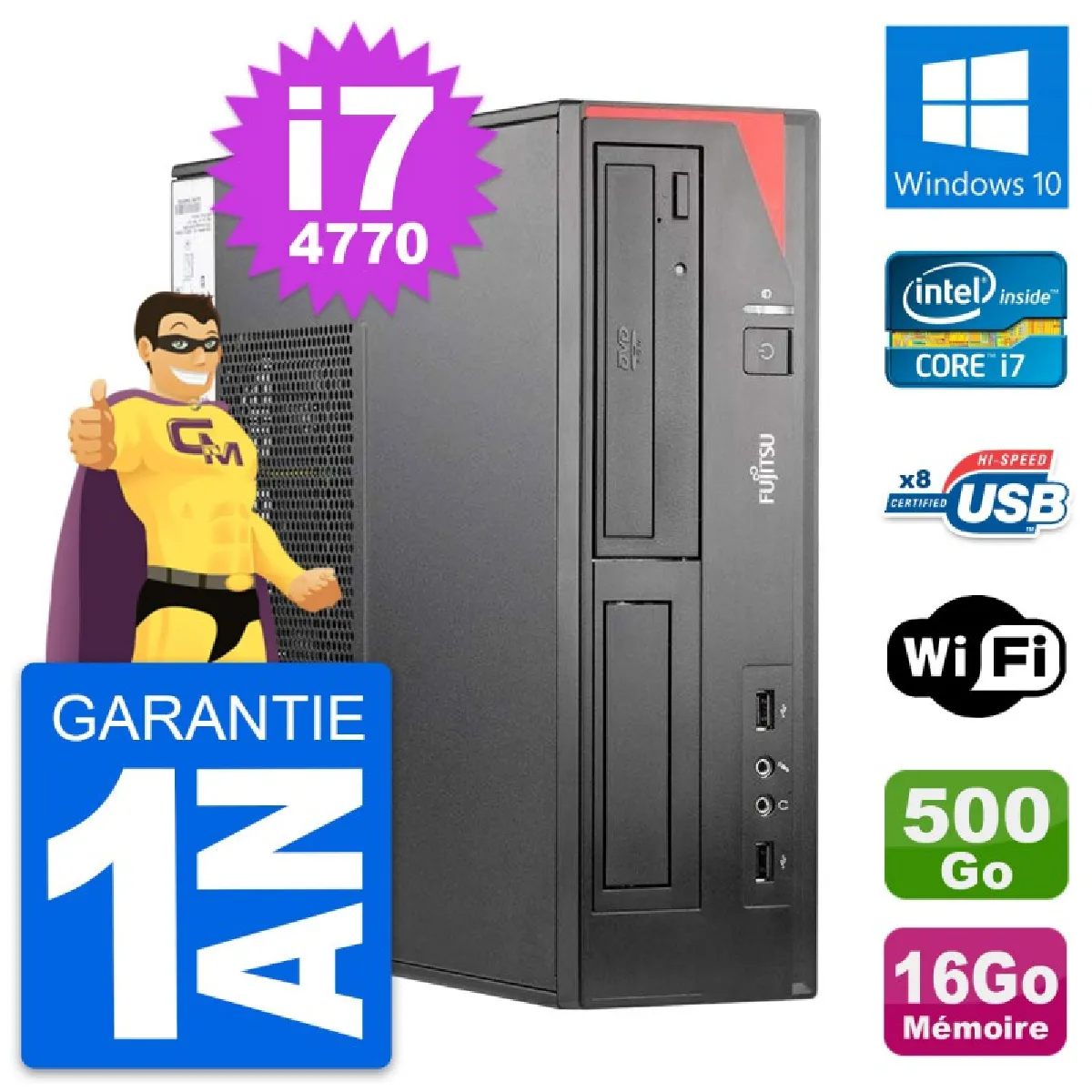 PC Fujitsu Esprimo E520 DT Intel i7-4770 RAM 16Go Disque 500Go Windows 10 Wifi - Occasion