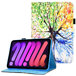 Etui en PU ligne de couture avec support et porte-cartes arbre coloré pour votre Apple iPad mini (2021)