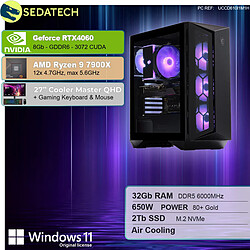 Sedatech Pack PC Gamer ATX Compact • AMD Ryzen 9 7900X • RTX4060 • 32Go DDR5 • 2To SSD M.2 • Windows 11 • Moniteur 27''