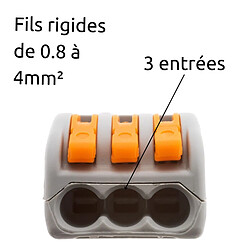 Lot de 50 bornes automatiques à cliquet S222 - 3 entrées - fils rigides et souples 4mm² max - orange - Wago