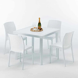 Avis Table Carrée Blanche 90x90cm Avec 4 Chaises Colorées Grand Soleil Set Extérieur Bar Café Boheme Love, Couleur: Blanc