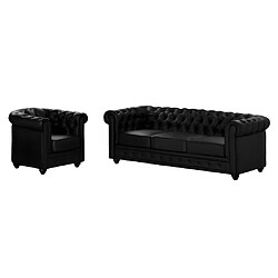 Avis Vente-Unique Canapé 3 places et fauteuil CHESTERFIELD - Simili Noir