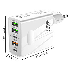 Visiodirect Chargeur Rapide 65W Prise Multiple avec 2 USB C + 2 USB + 1 QC 3.0 Chargeur 5 Ports pour Xiaomi Redmi Note 8 2021 6.3" Blanc