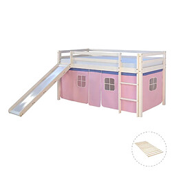 Homestyle4U Lit mi-hauteur avec rideaux rose pale et toboggan