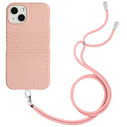 Coque en TPU + paille de blé entièrement biodégradable, texture naturelle, antidérapant avec sangle pour votre iPhone 13 mini 5.4 pouces - rose