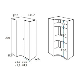 Inside 75 Armoire d'angle porte courbe à gauche 134,7 x 220 cm finition chêne blanchis intérieur double