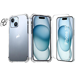 Coque Silicone Transparente Angles Renforces + Verre Trempe et Protection Camera Arriere Pour iPhone 15 Little Boutik®